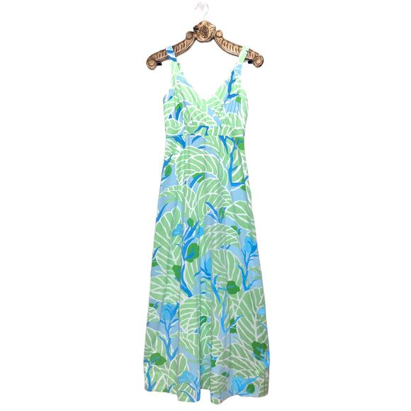 J. McLaughlin Maxi Dress Green Blue Tropical Leaf Surplice V Neck Catalina Small